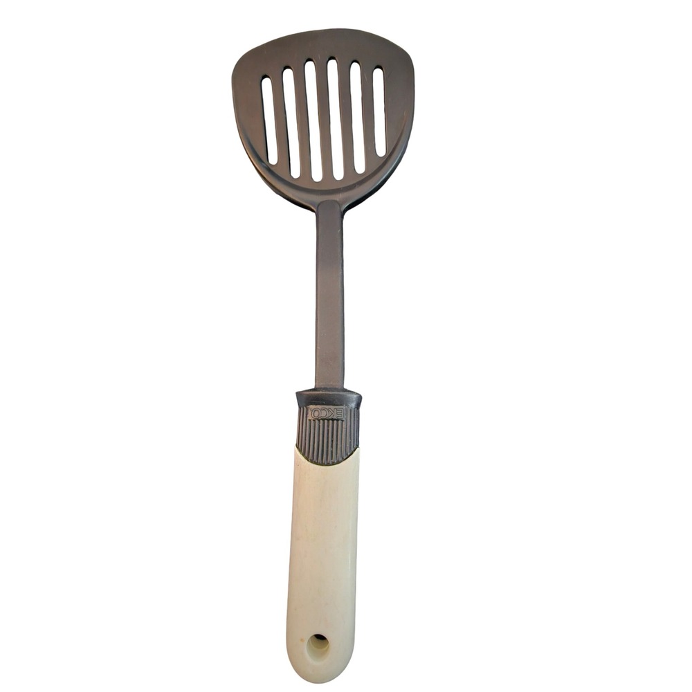 Ekco Vintage Slotted Turner Spatula Black Nylon Heat Resistant Off-White Handle